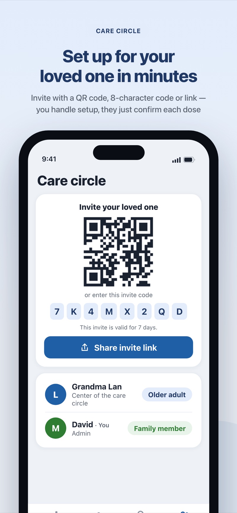 Care circle screen with QR code, 8-character invite code, and share link