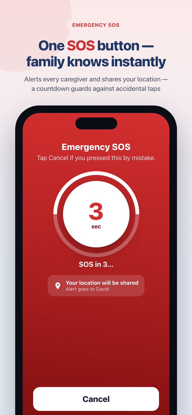 Emergency SOS screen with countdown and location sharing