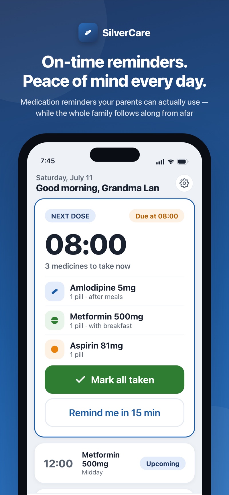 Today screen for the elder: next dose at 08:00 with three medicines and a big Mark all taken button