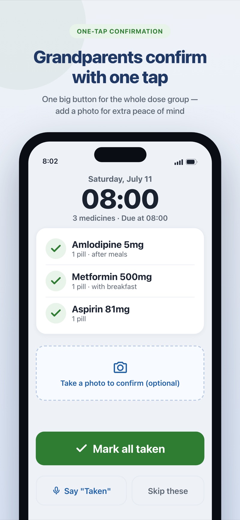Group dose confirmation with optional photo